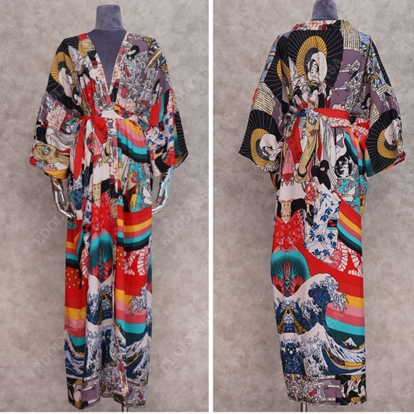 Colorful Rayon Asian kimono - Picture 2 of 5